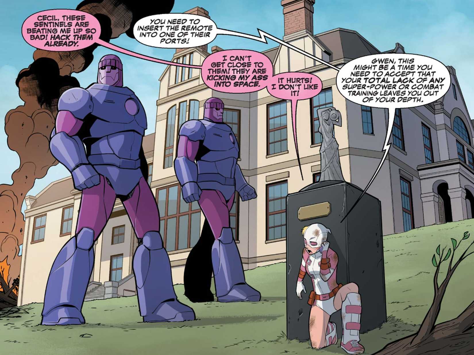gwenpool hides from a group of sentinels in unbelievable gwenpool 1