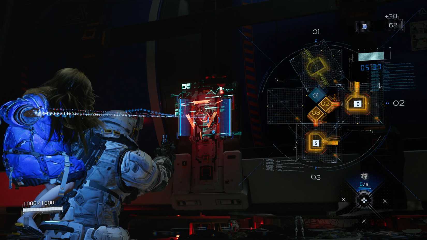 A girl on a man's back hacking a terminal with a red triangle and a blue screen, along with the lock on the right.