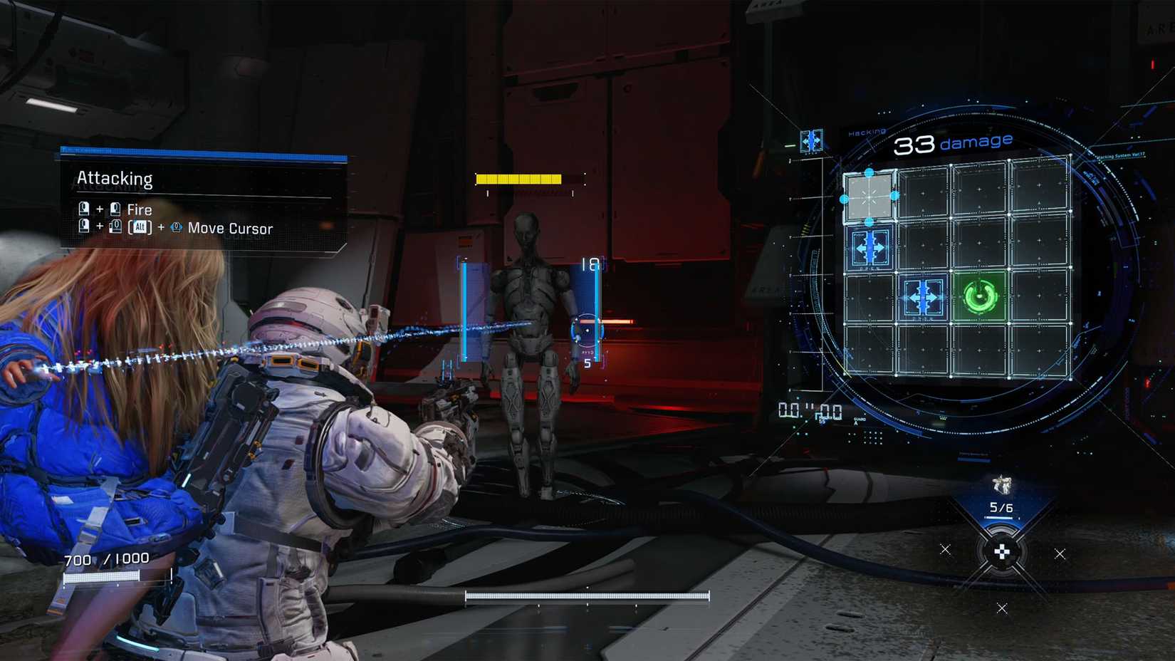 A little girl being carried by a man in a space suit along with a robot walking toward them and a grid with blue and green squares on the right.