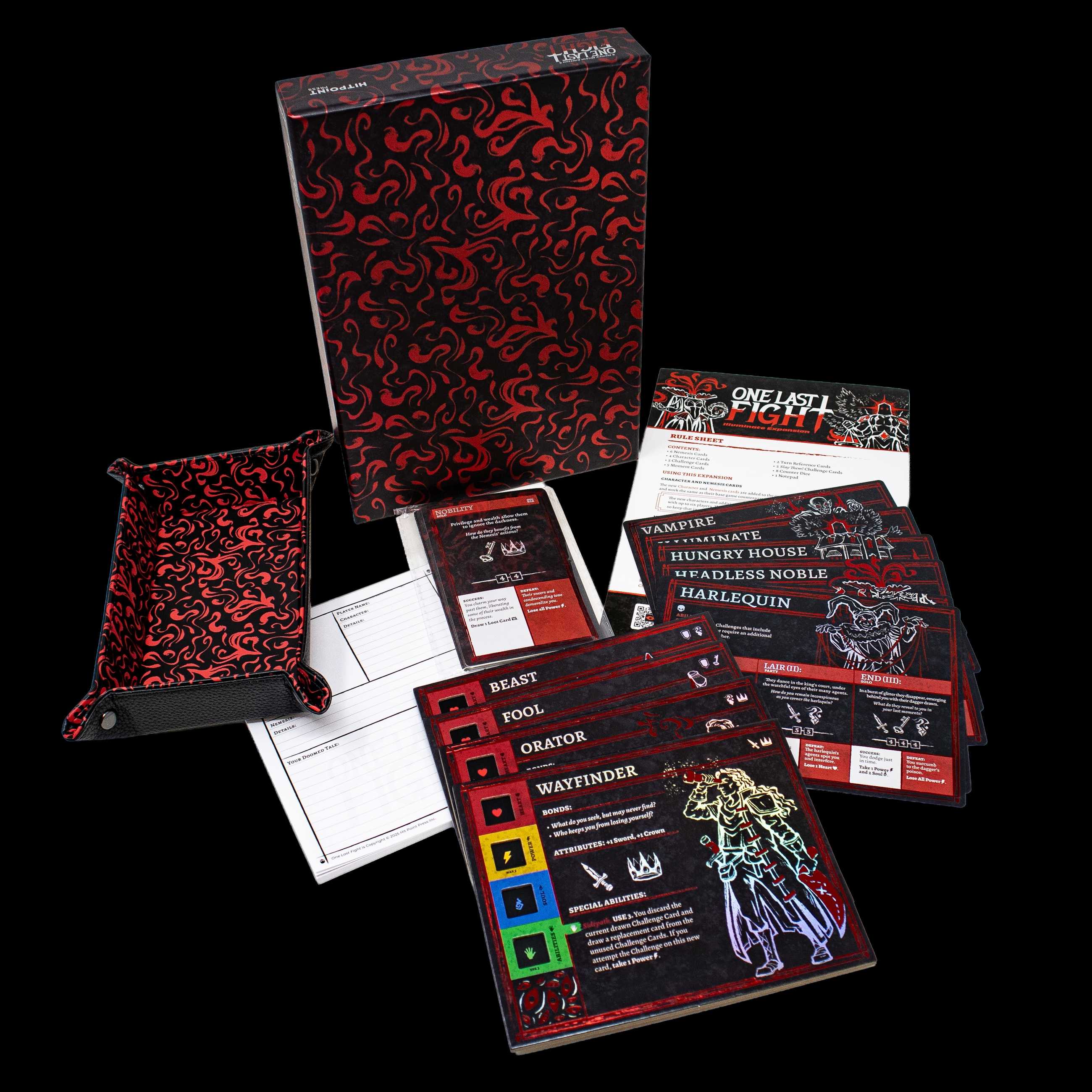 The One Last Fight Illuminate expansion, with hero cards for the Wayfinder, Orator, Fool, and Beast, and nemesis cards for the Hungry House, Headless Noble, Harlequin, Vampire, and Illuminate