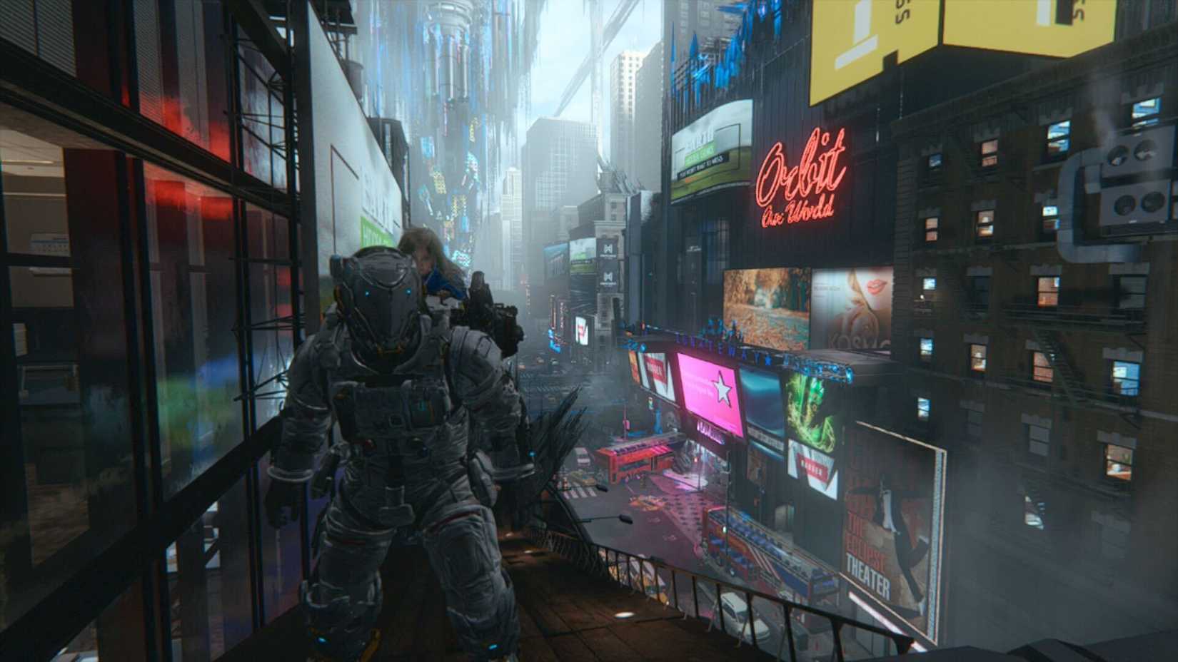 Hugh and Diana in what looks like Times Square in New York in Pragmata