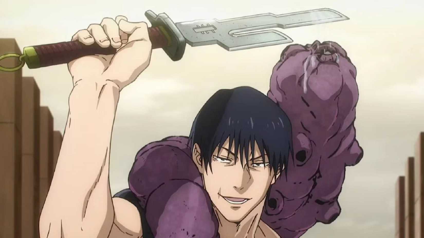 Scene from Jujutsu Kaisen featuring the Inverted Spear of Heaven in the hands of Toji Zenin. 