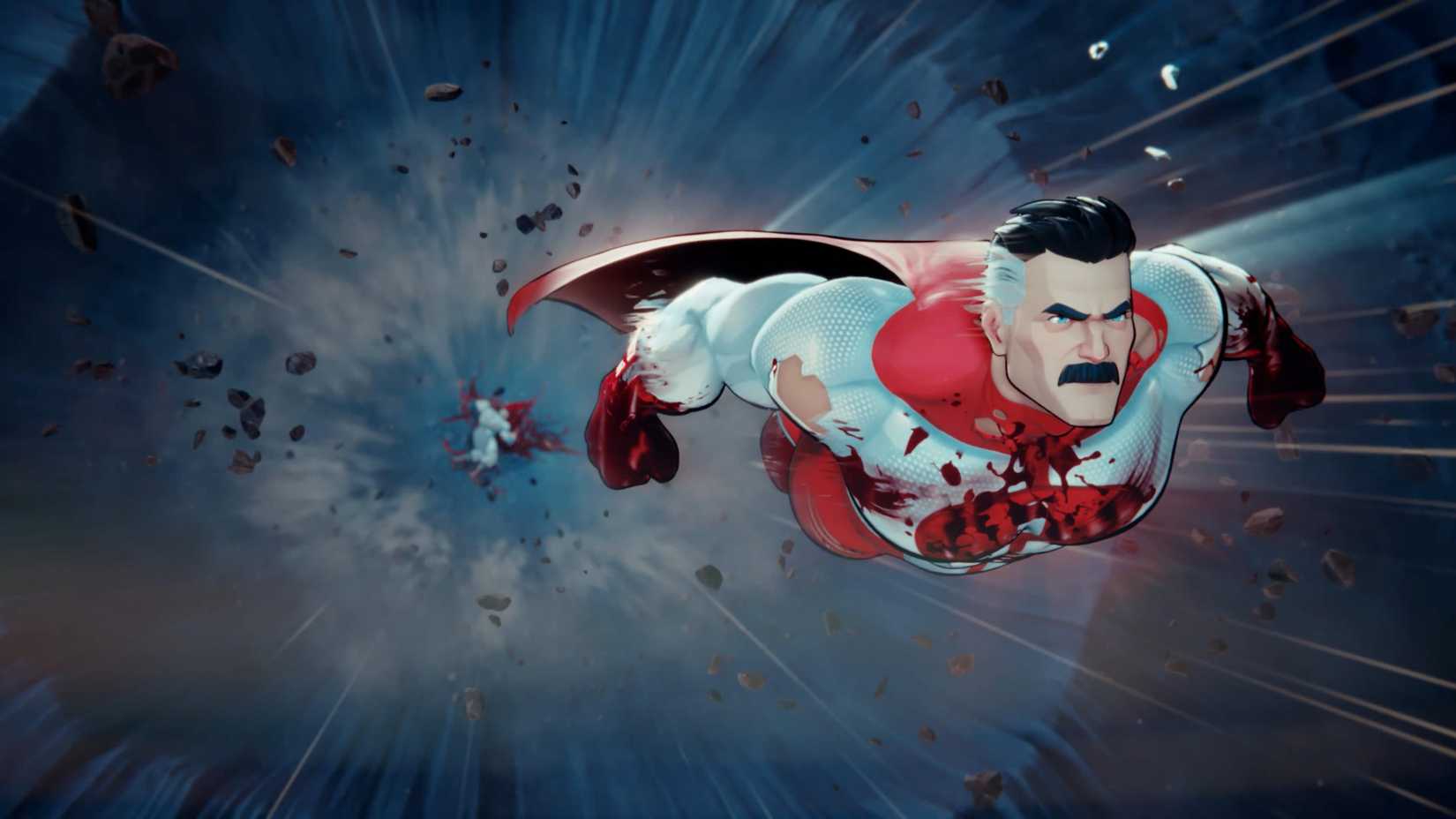 Omni-Man flying away in an image from Invincible VS