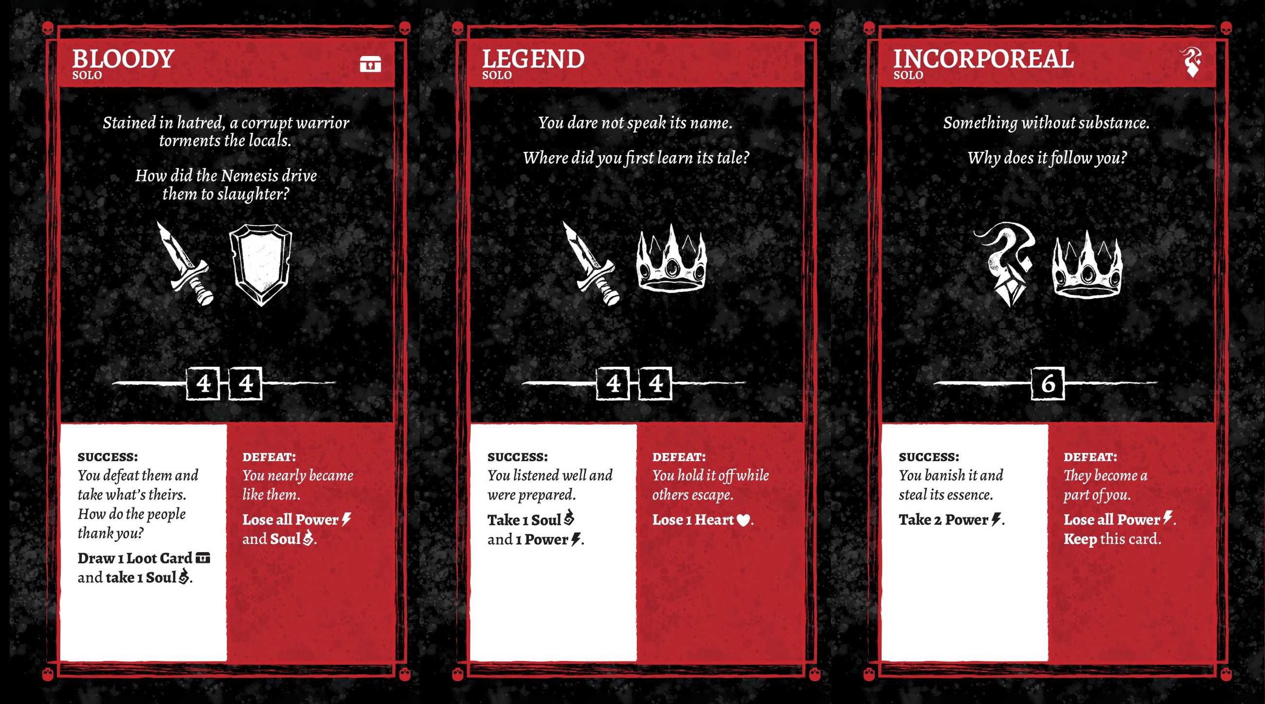 A series of challenge cards for the TTRPG One Last Fight, with names (Bloody, Legend, and Incorporeal), win conditions, and questions for players