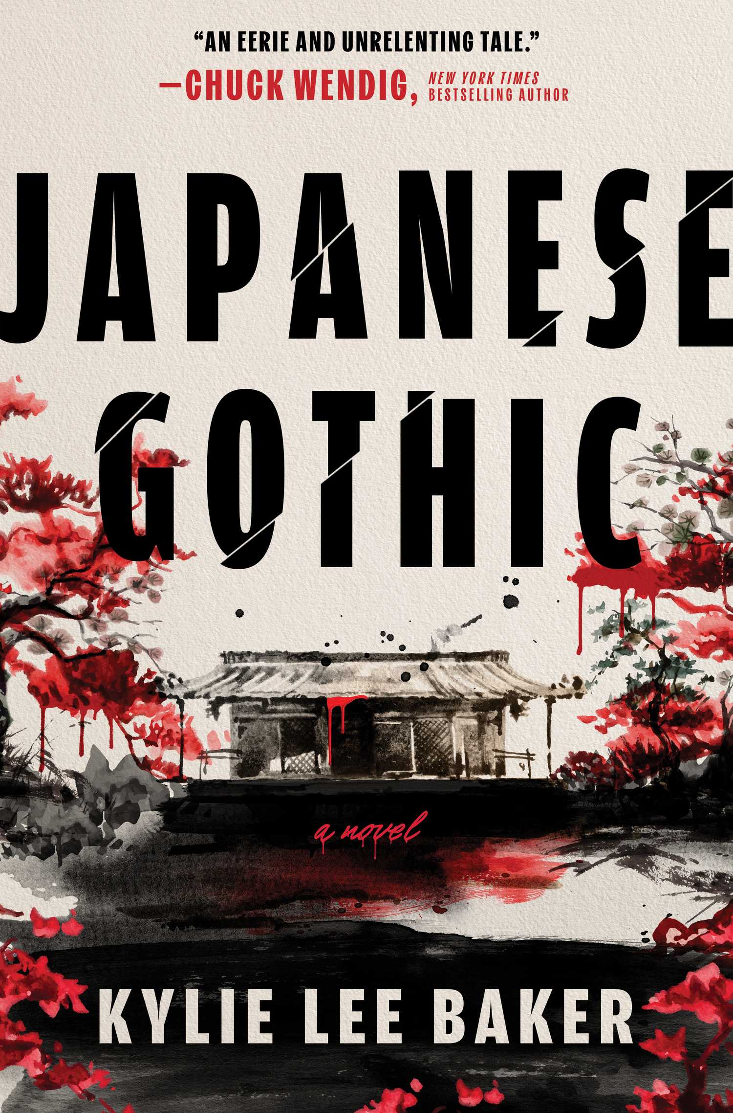 The cover of the book Japanese Gothic, depicting a traditional Japanese house in white, black, and red
