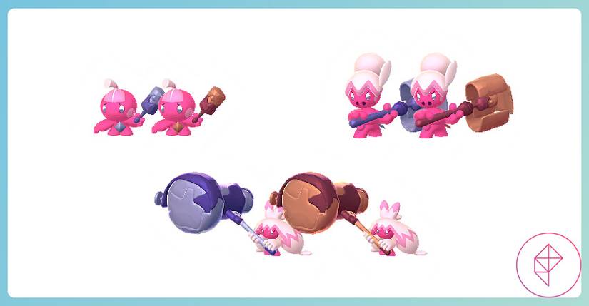 Shiny Tinkatink, Tinkatuff, and Tinkaton in Pokémon Go with their regular forms. All the shinies are the same, but they wield copper hammers instead.