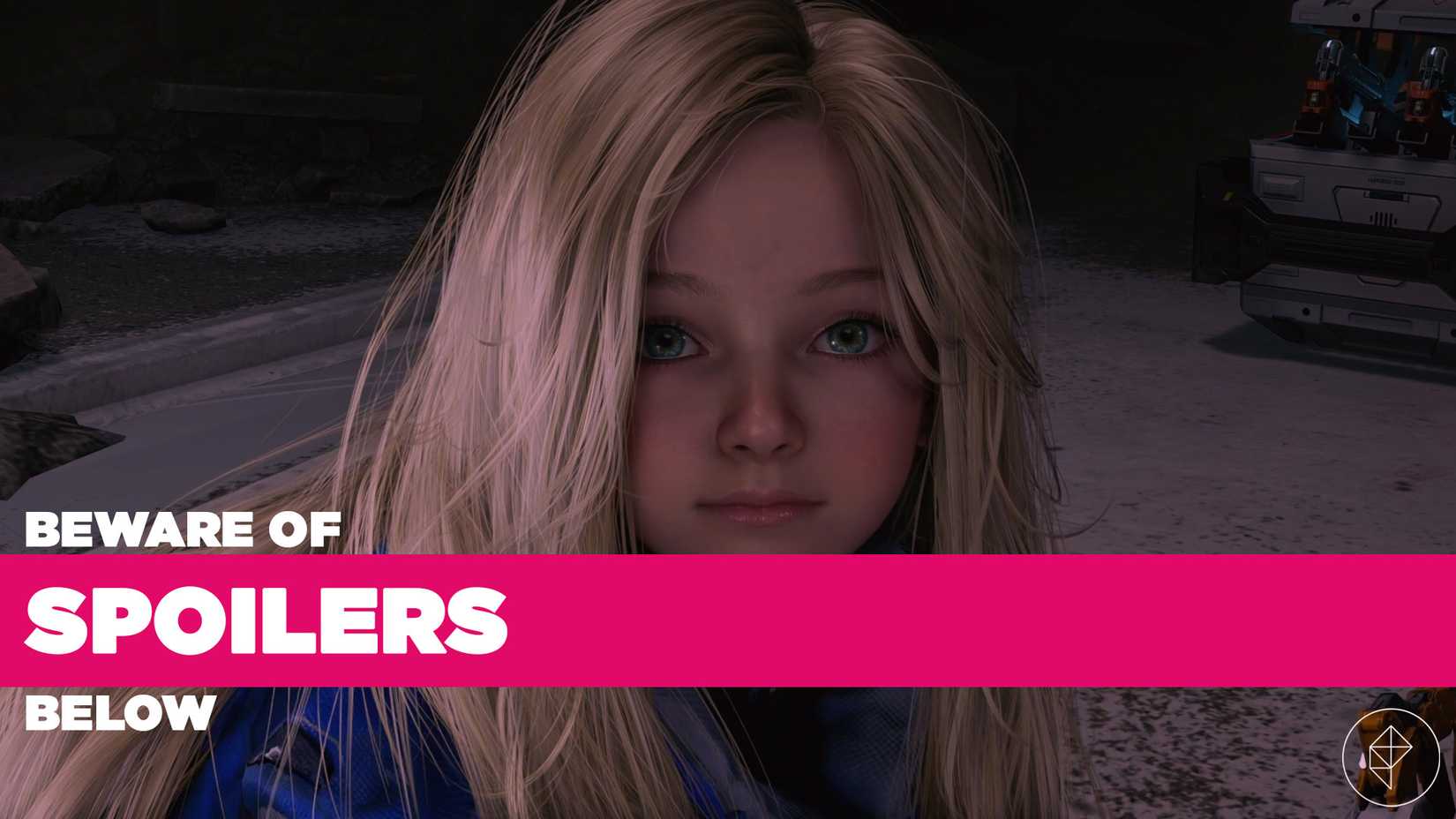 Diana, a blonde haired child robot from Pragmata, in a pink hue with a spoiler tag in front of her.