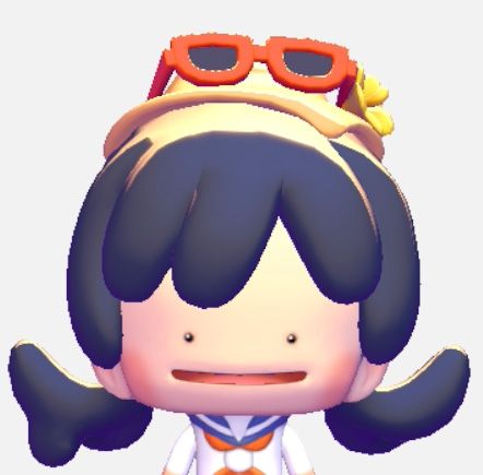 A Ditto with bangs and pigtails that curl up
