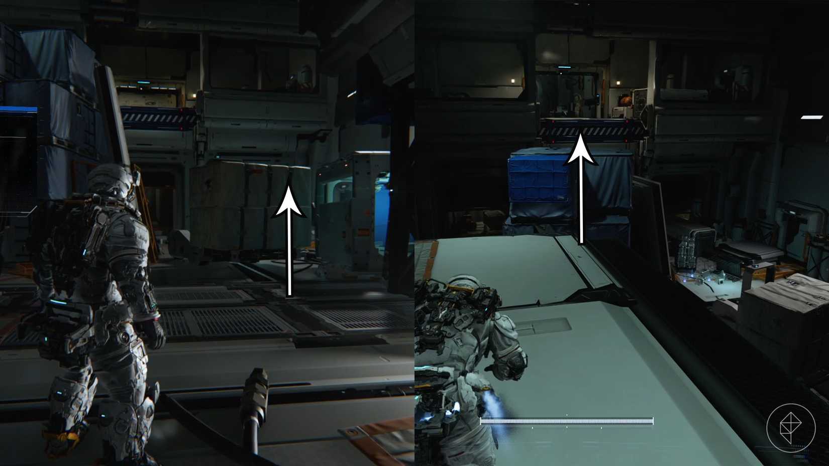 A man in a space suit along with arrows depicting the direction to move in Pragmata.