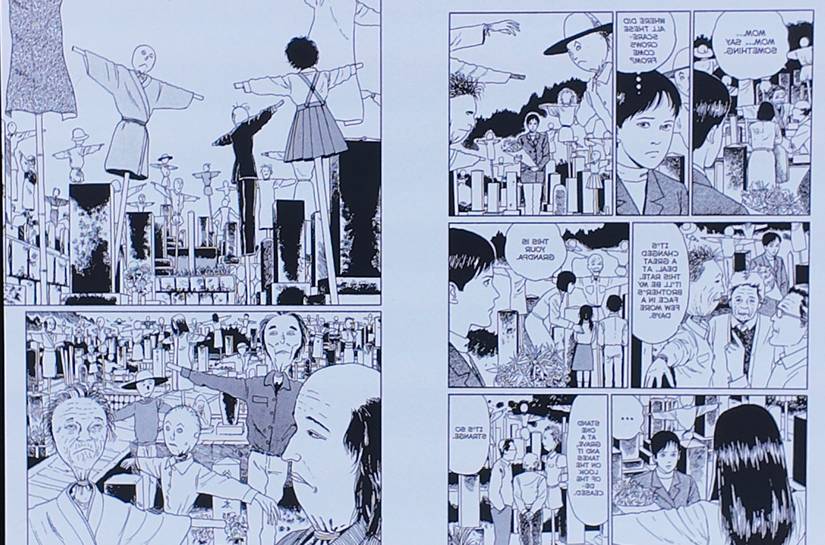 Panel from Scarecrows in Junji Ito's Statues featuring a graveyard with scarecrows setup for the dead. 