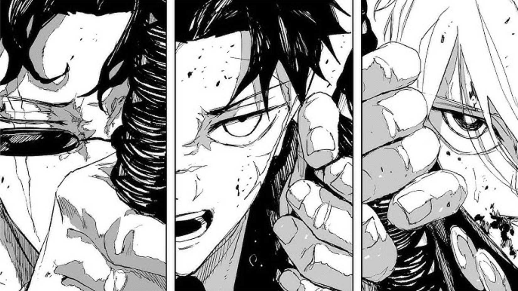 Panel from Kagurabachi manga featuring Chihiro Rokuhira, Hagiwara, and Hakuri closeups. 