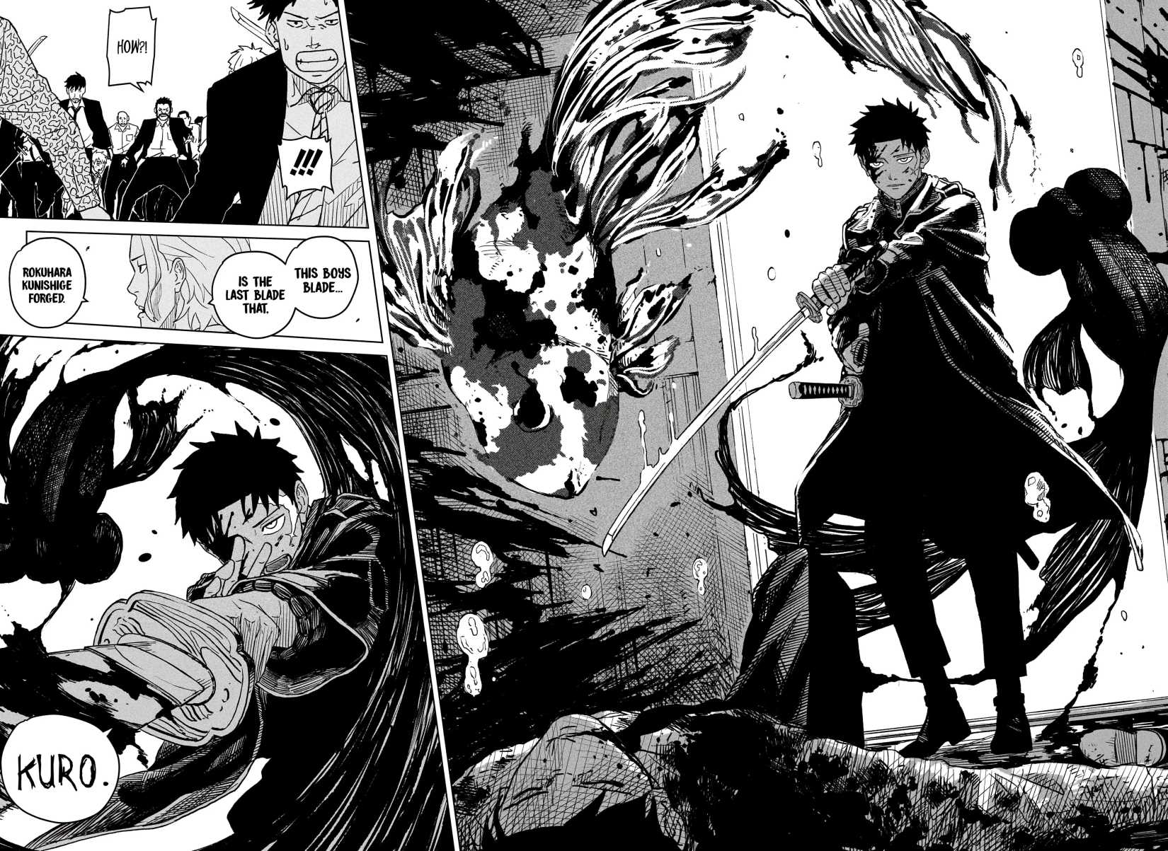 Panel from Kagurabachi manga featuring Chihiro Rokuhira gearing up to attack. 