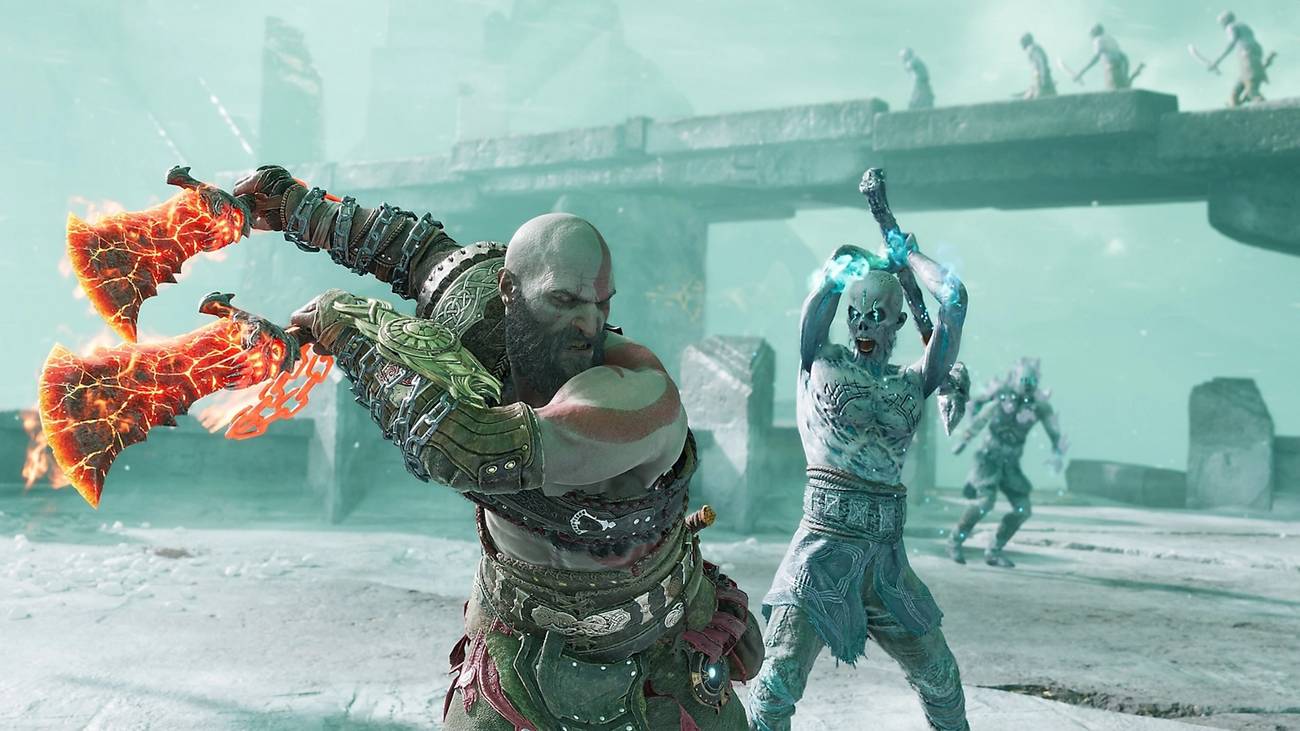 Kratos stabs an ice zombie in God of War Ragnarok