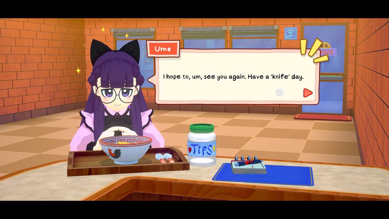 Ume using knives as figures of speech in KuloNiku Bowl Up