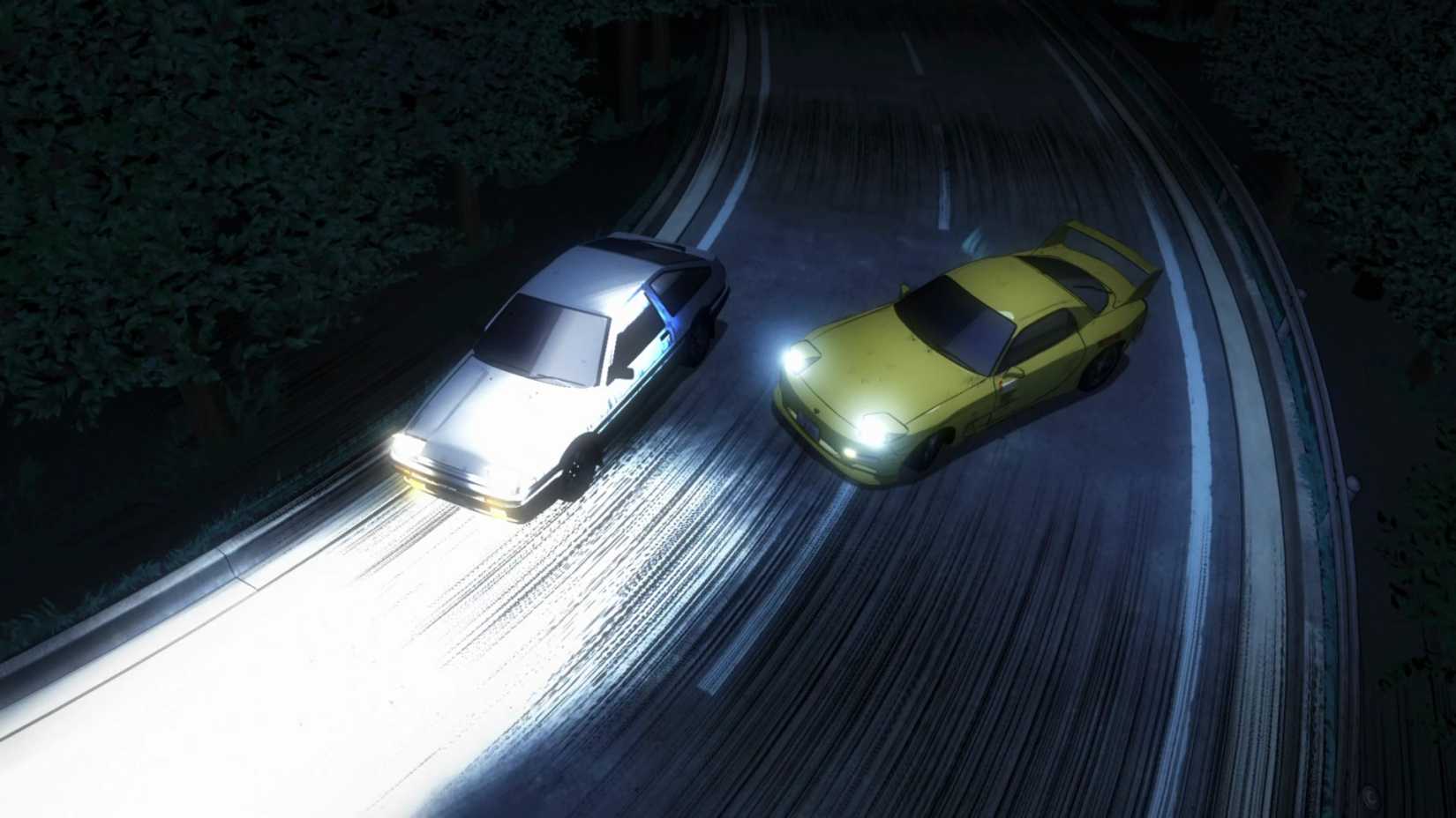 Still from Initial D: Legend 1 movie feautring the battle between Takumi and Keisuke. 