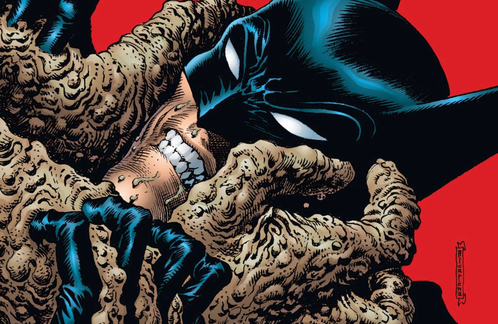 Cover of legends of the dark knight 89, clayface's hands crushing Batman's head