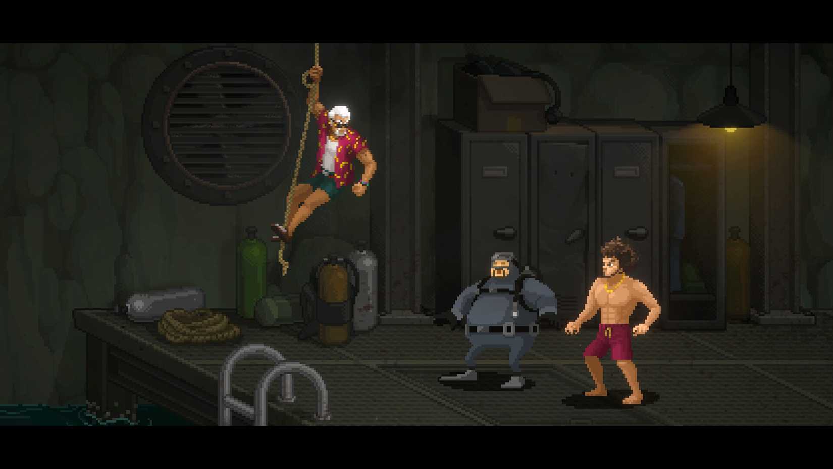 Cobra climbs down a rope while Dave and Ichiban Kasuga watch in Dave the Diver