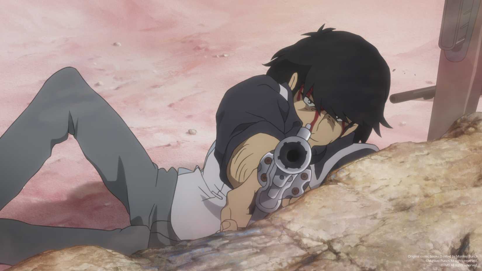 Jigen from the Lupin III franchise lies on the ground, blood streaming out of his hair and down across his face, and points a gun directly at the camera in Lupin the IIIrd the Movie: The Immortal Bloodline