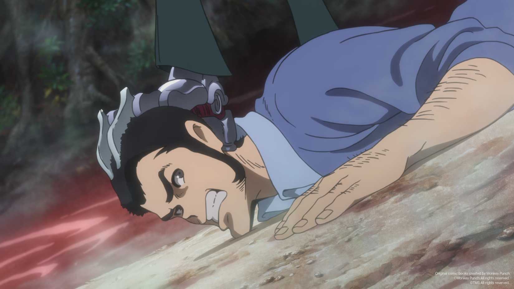 Lupin the III grimaces as a clawed metal hand clamped around his head pushes his face into a riverbank in Lupin the IIIrd the Movie: The Immortal Bloodline. Behind them is a river made of blood.