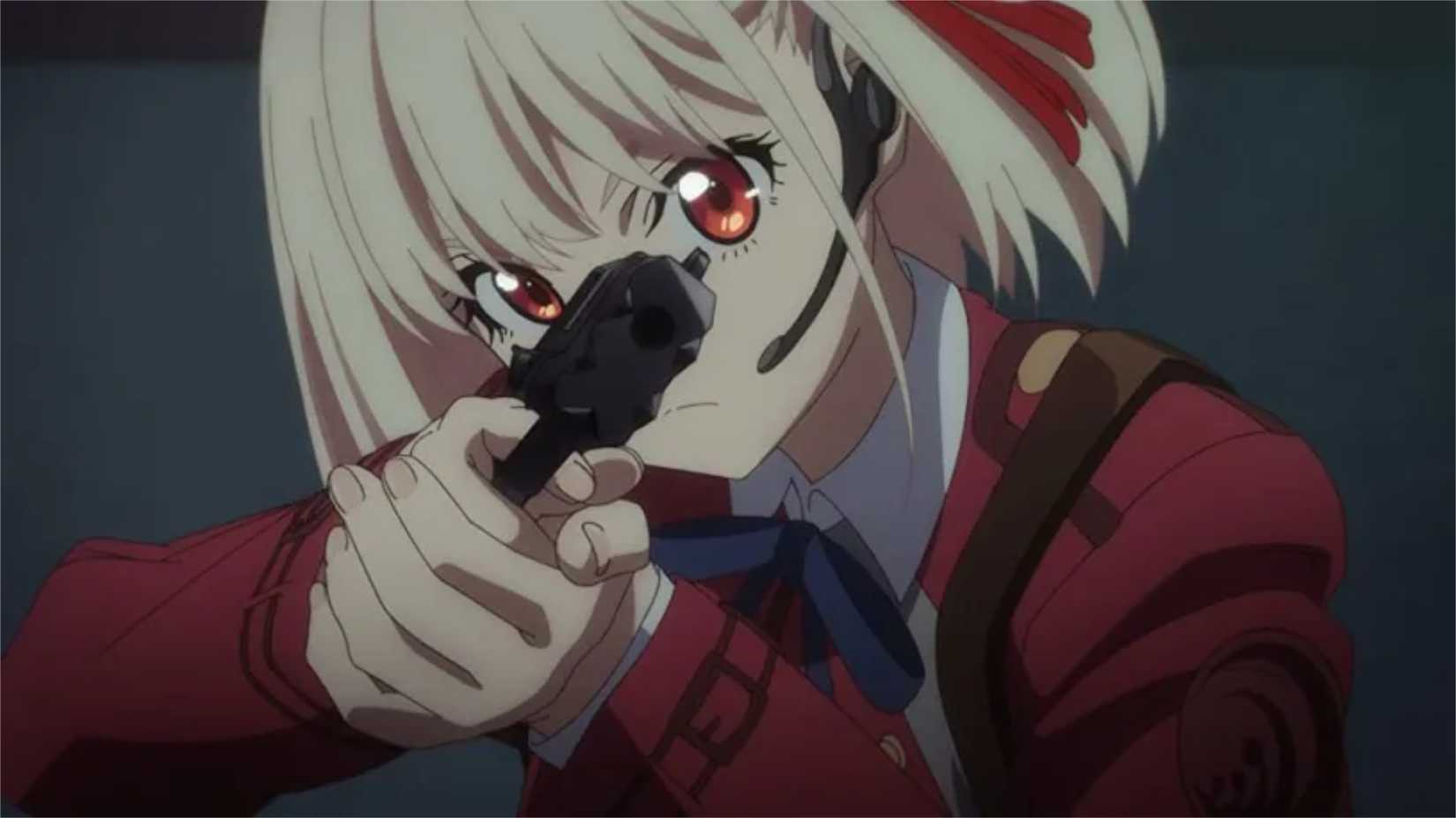 A still from the Lycoris Recoil anime showing the protagonist Chisato taking aim with a gun