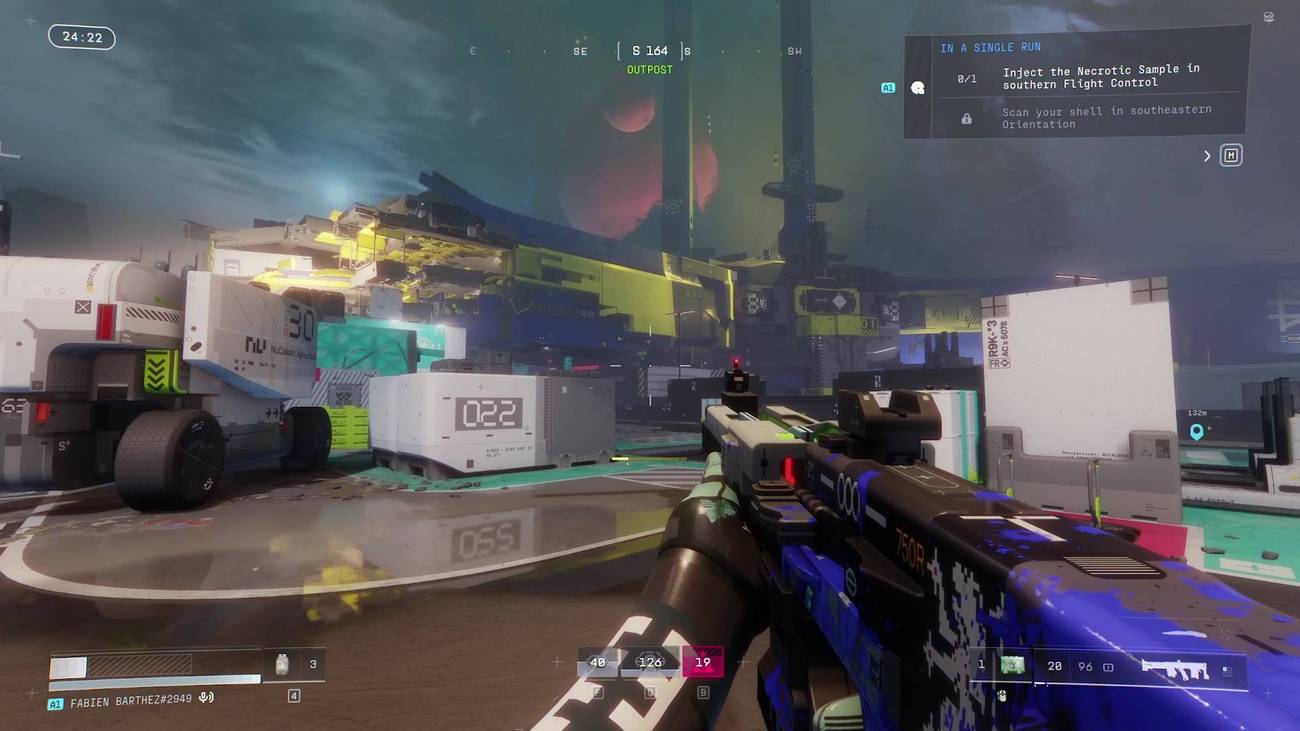 The player on Outpost in Marathon looking at the sky.