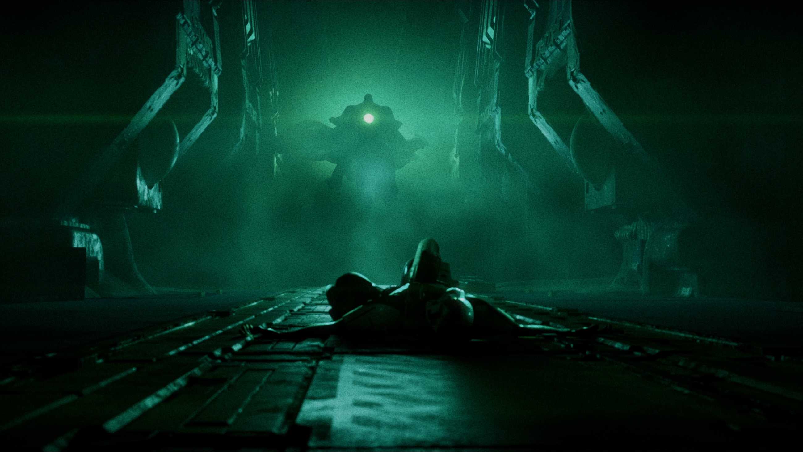 Green light illuminates a hallway in Marathon