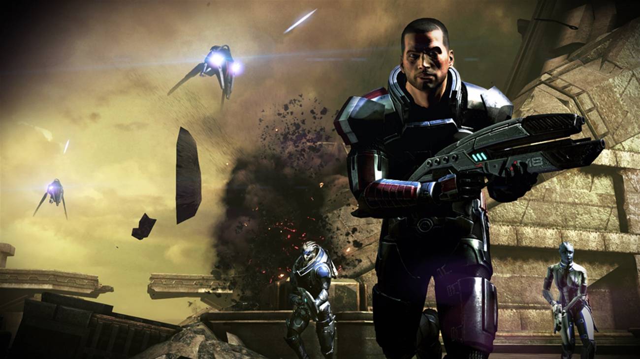 Shepard runs from reapers with Garrus and Liara in Mass Effect 3