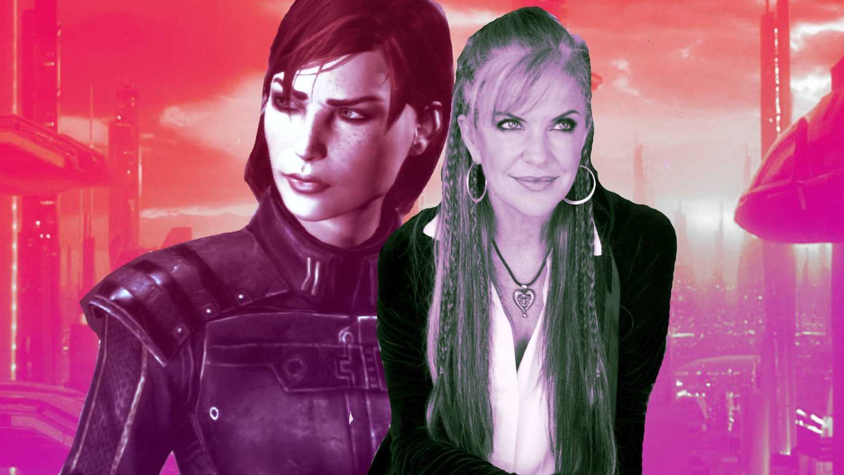A composite image of Mass Effect's Commander Shepard and her voice actor Jennifer Hale