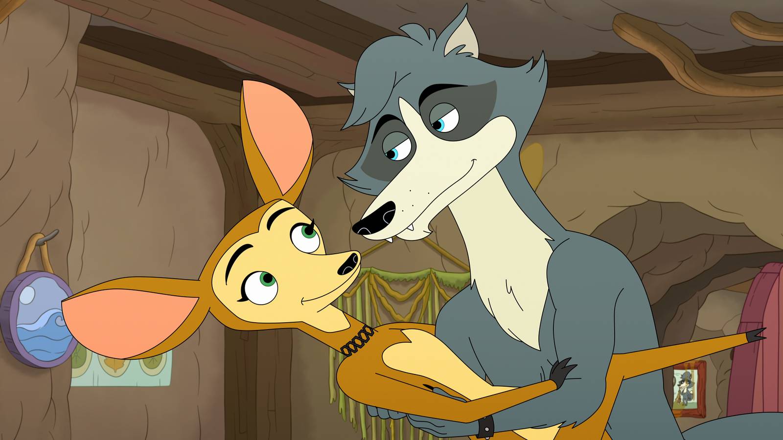 An anthropomorphic fawn looks up at a wolf who is dipping her in Mating Season