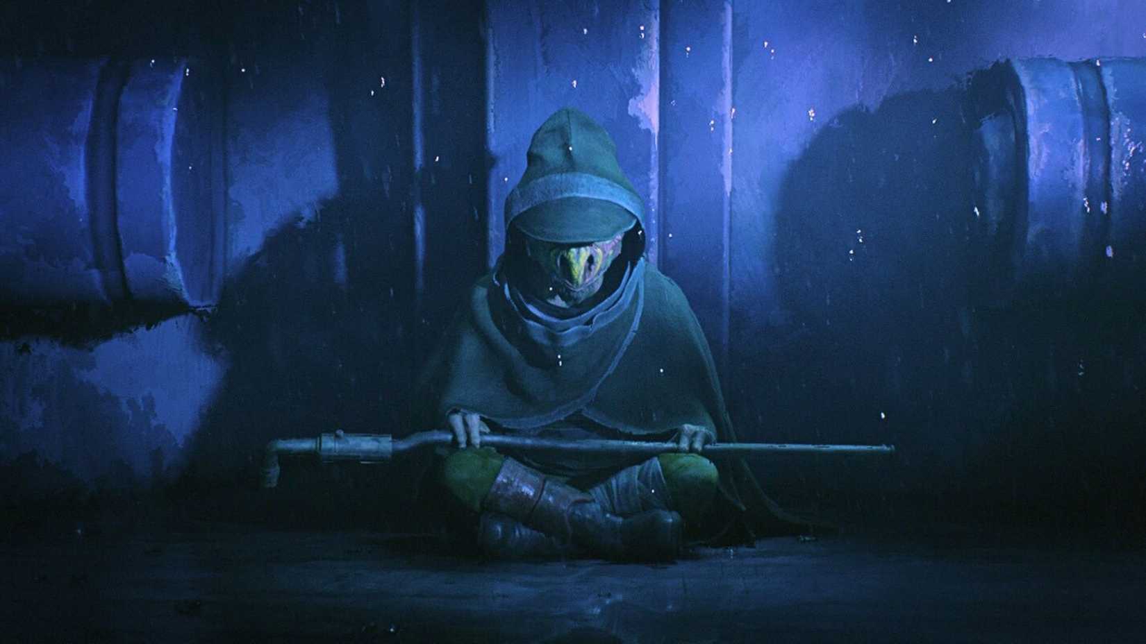  Shadow Lord featuring Daki, a dinosaur-esque Jedi who sits on the ground. Rain falls around him. He holds a pipe on his lap.