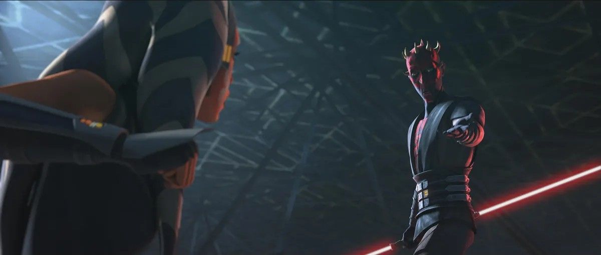 Darth Maul lutando contra Ahsoka Tano em Star Wars: The Clone Wars.