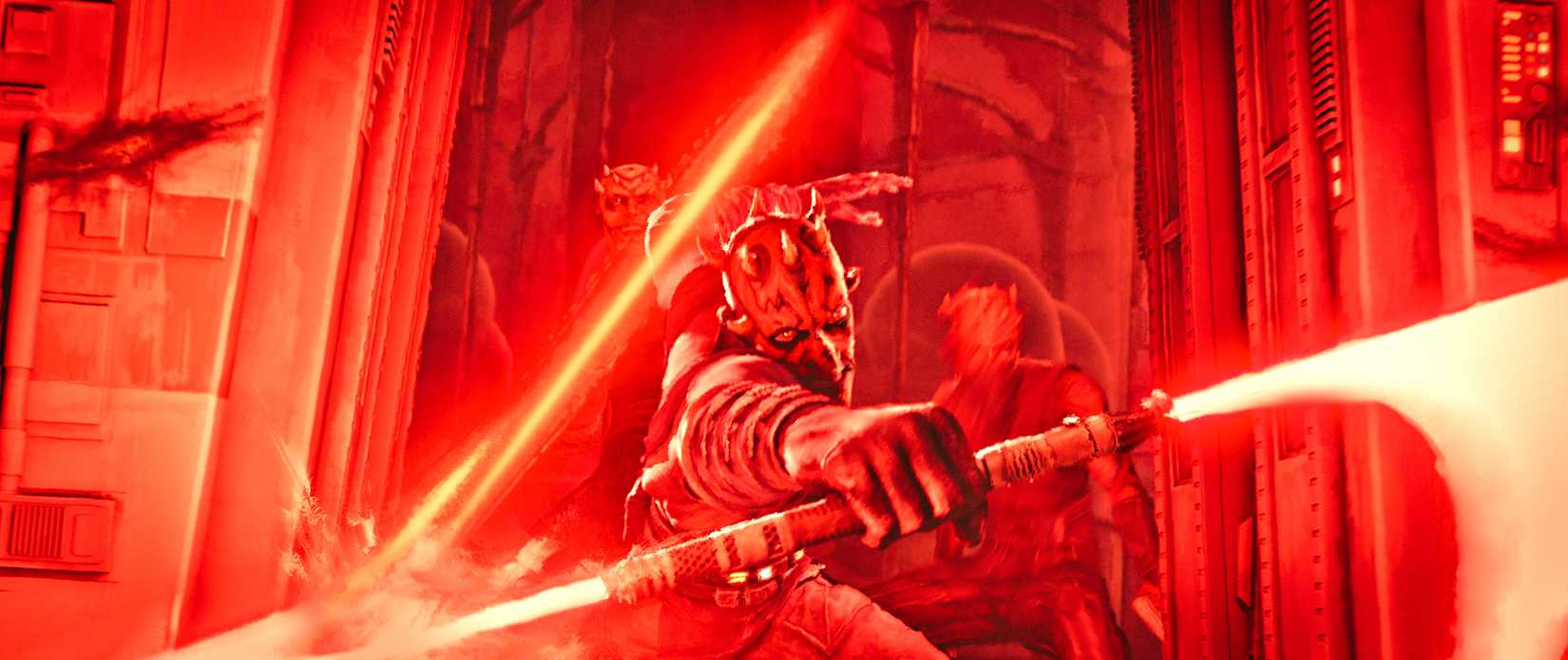 Darth Maul lunges forward, swinging his double-bladed red lightsaber, in a red-lit still from the animated series Maul — Shadow Lord.