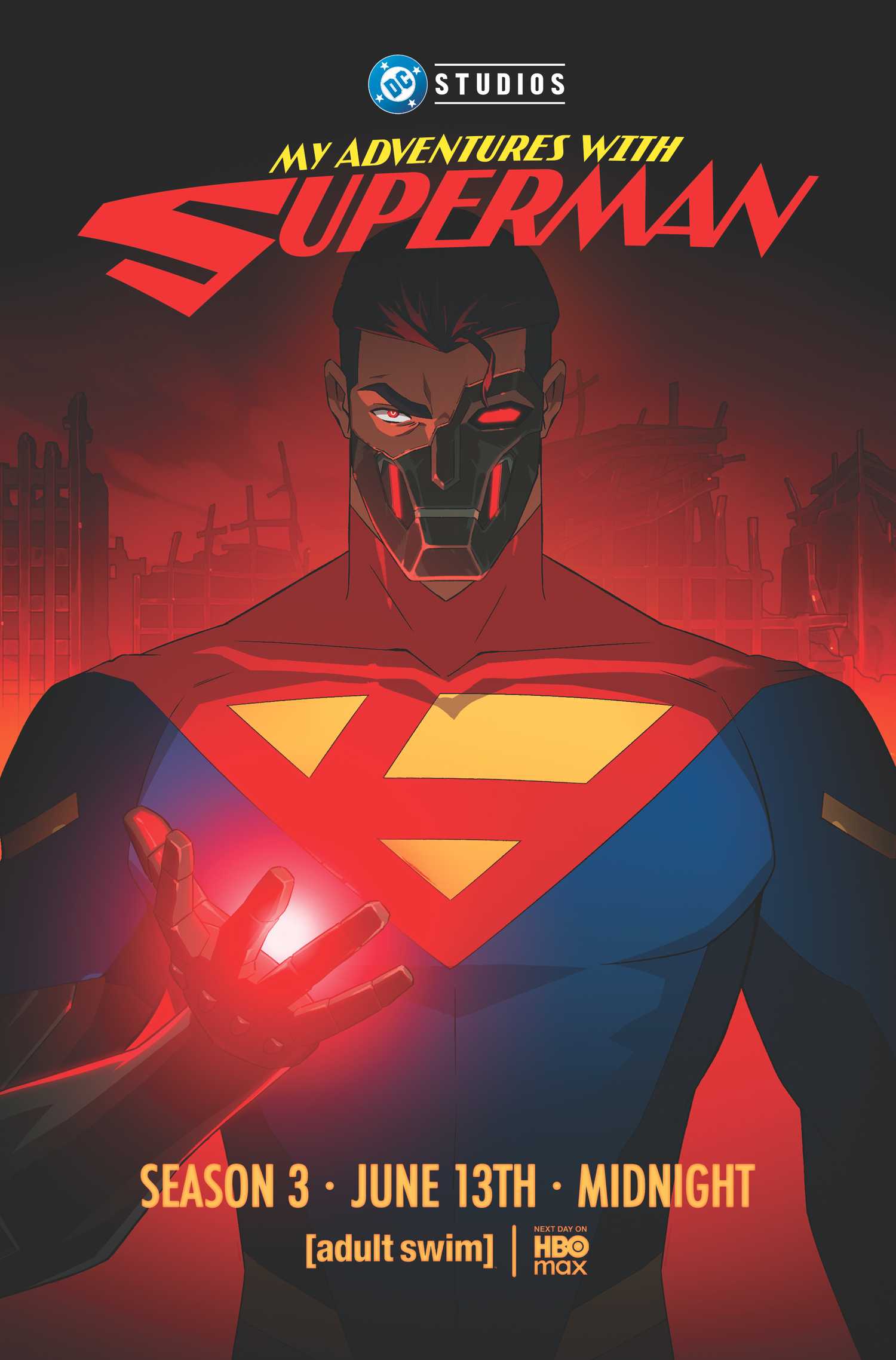 Cyborg Superman stands in front of a ruined city in the first art for My Adventures with Superman season 3