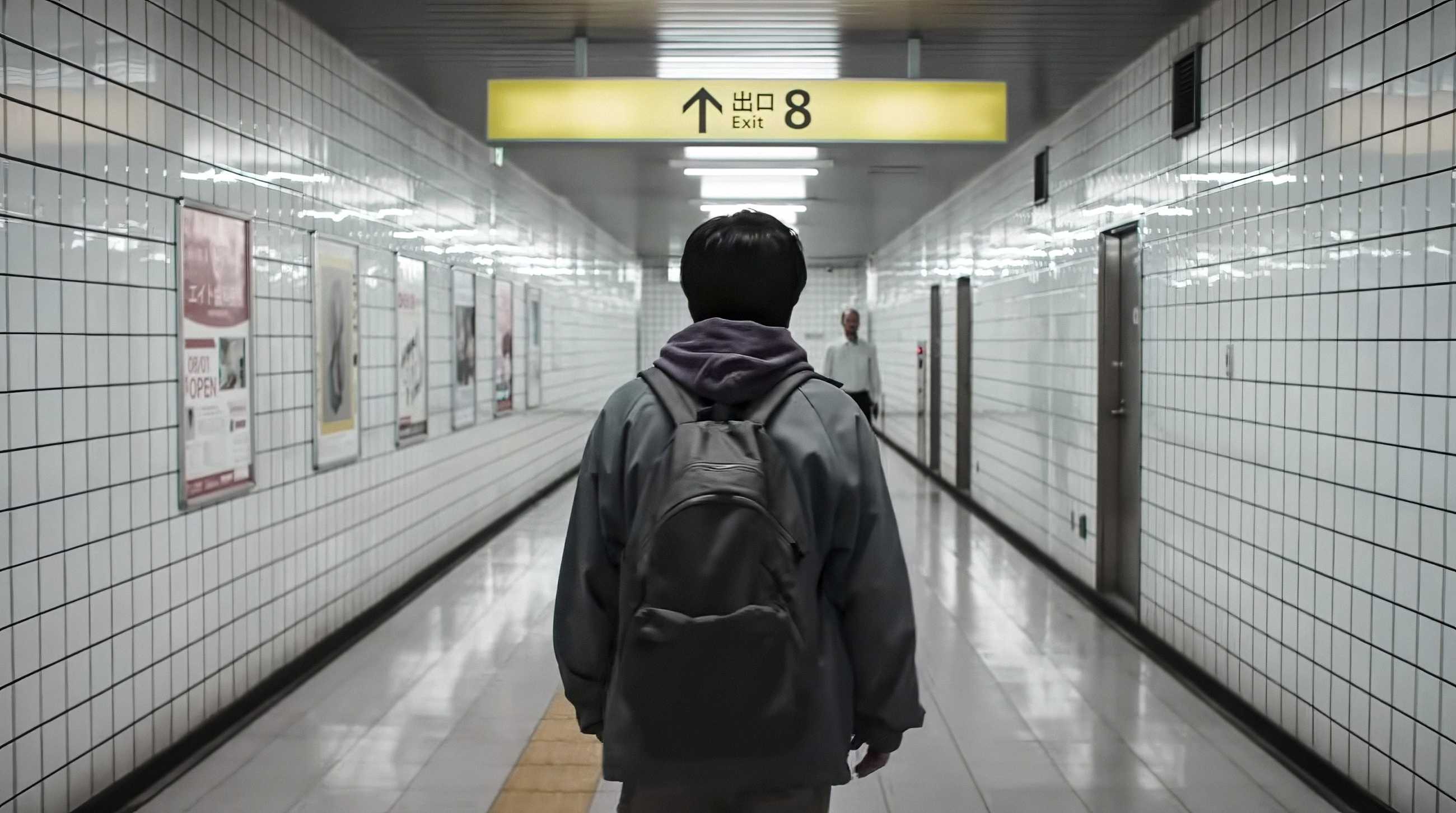 The Lost Man (Kazunari Ninomiya), a young Japanese man in a grey hoodie, stares down a white tiled subway corridor at an out-of-focus small boy in Exit 8