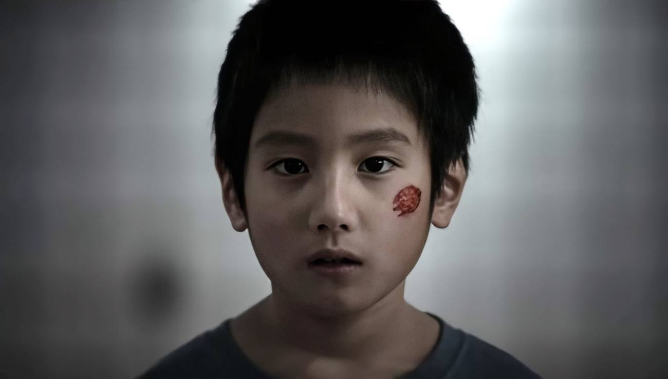 A young Japanese boy with a red scrape on his cheek looks into the camera in Exit 8