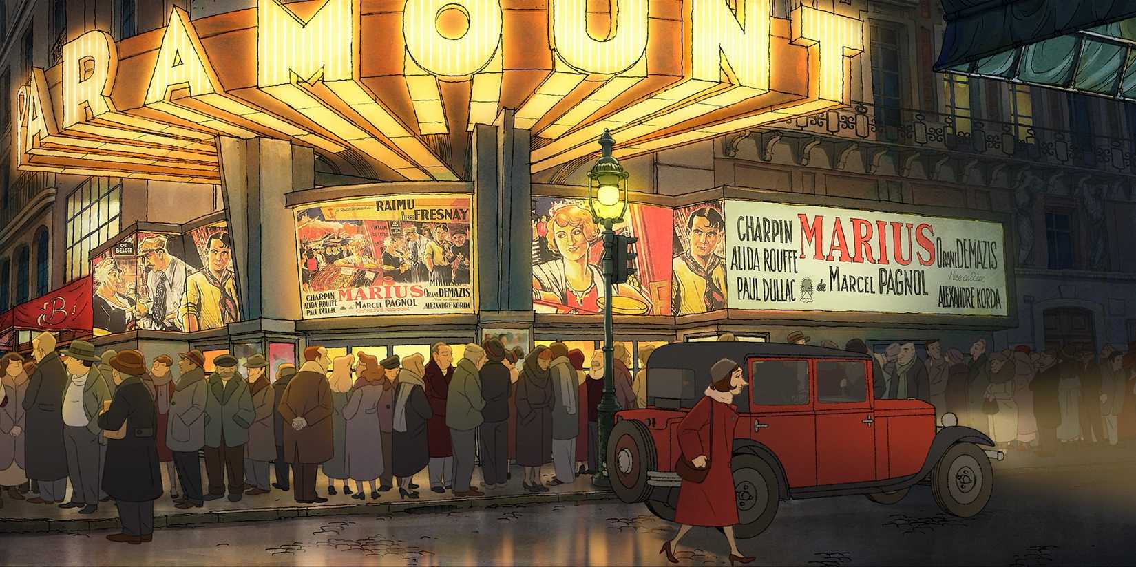 A large crowd of people stands in line outside of a theater for Marcel Pagnol's Marius in the animated movie A Magnificent Life