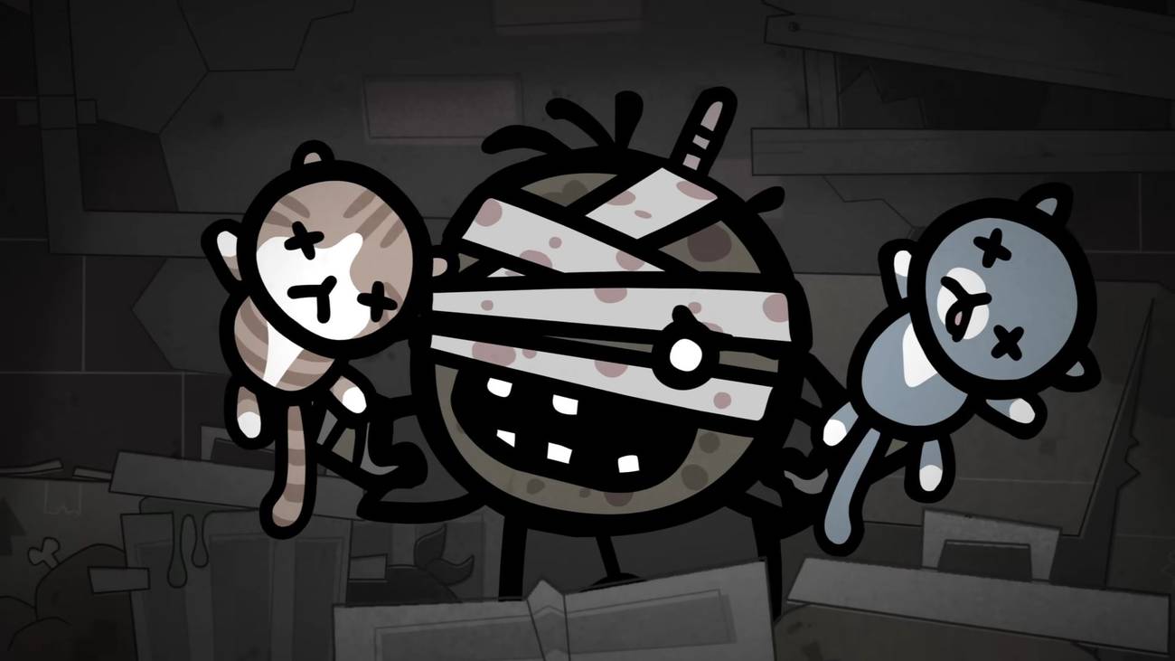 A character in Mewgenics holds up two dead cats.