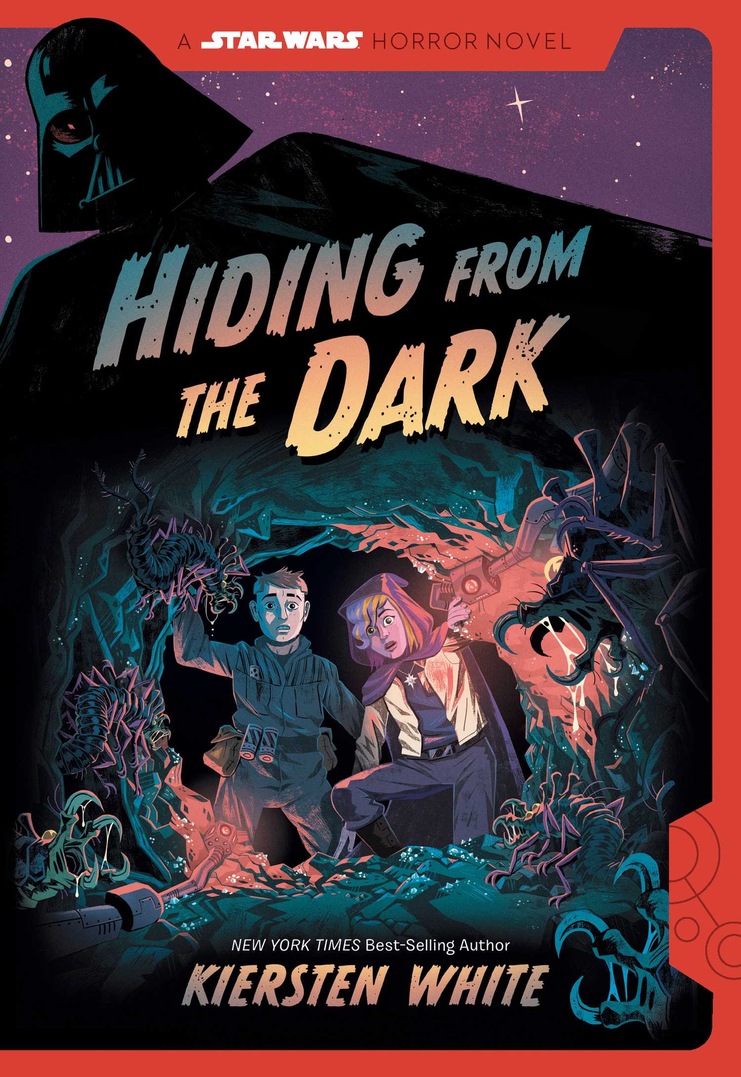 The book cover of Kiersten White's Hiding From The Dark. It features two young kids hiding what looks to be in a bush. Behind them is darkness, which slowly transforms to be the shape of Darth Vader.