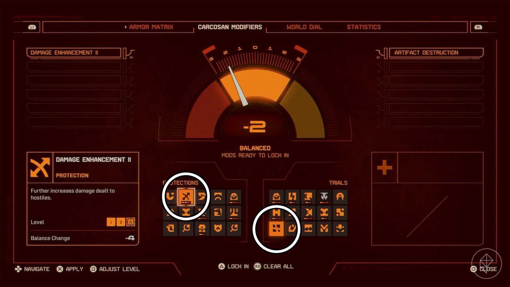 The Carcosan Modifier screen from Saros with two modifiers circled.