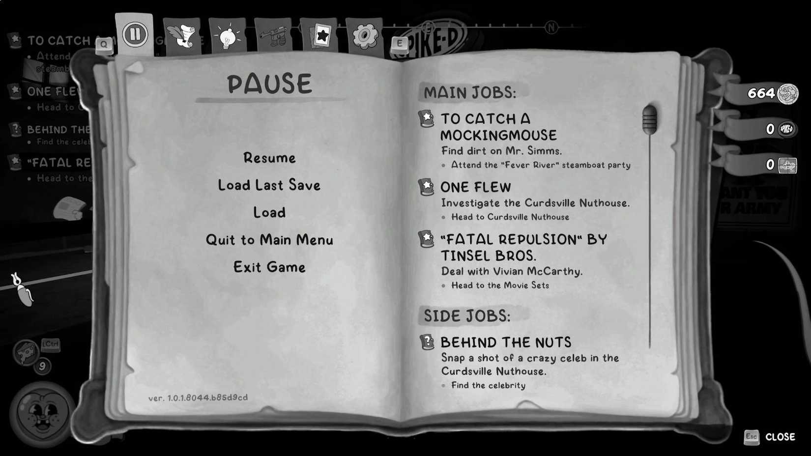 The pause menu in Mouse: P.I. For Hire listing all the active jobs.