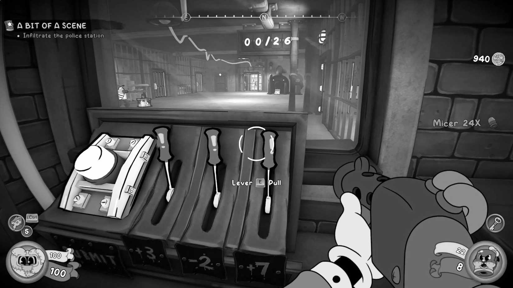 The player standing in front of the first math puzzle in "A Bit of a Scene" in Mouse: P.I. For Hire.