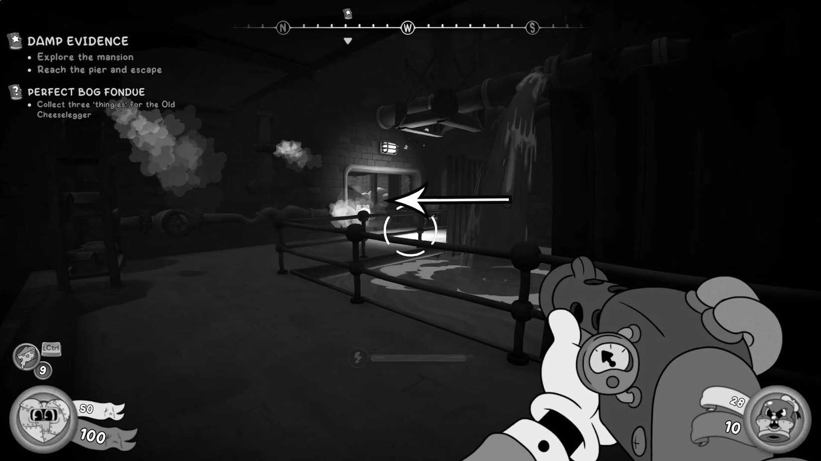 The player standing in a room filling with water with an arrow showing the reader where to go in Mouse: P.I. For Hire.