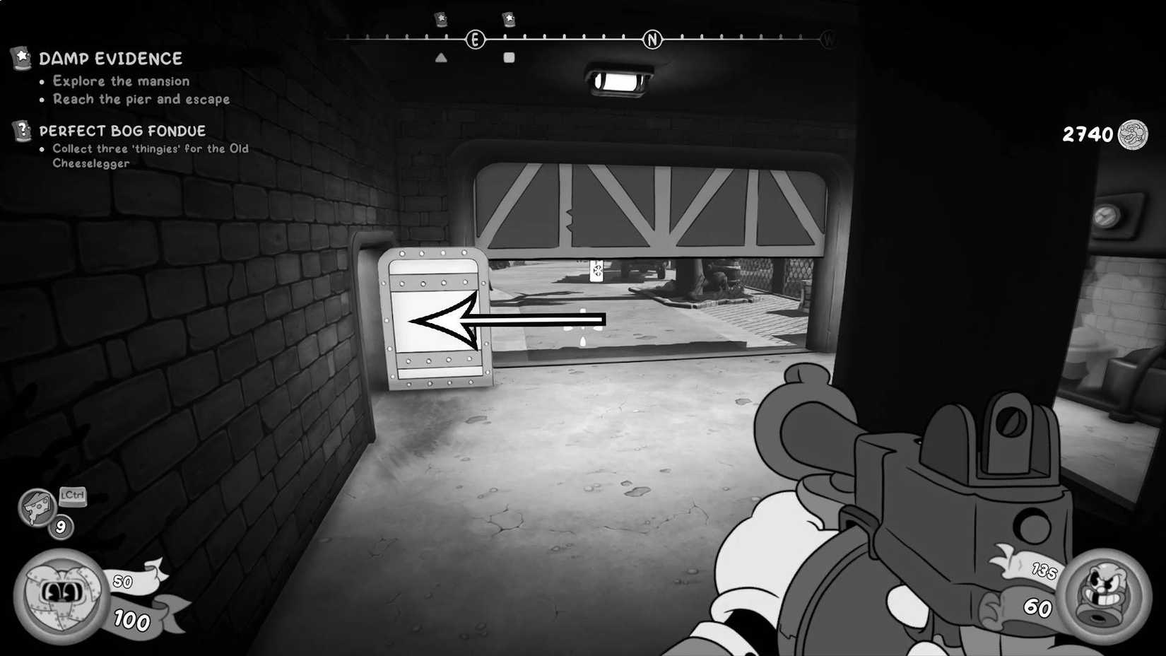 The player standing in front of a half-open garage door with an arrow showing the reader where to go in Mouse: P.I. For Hire.