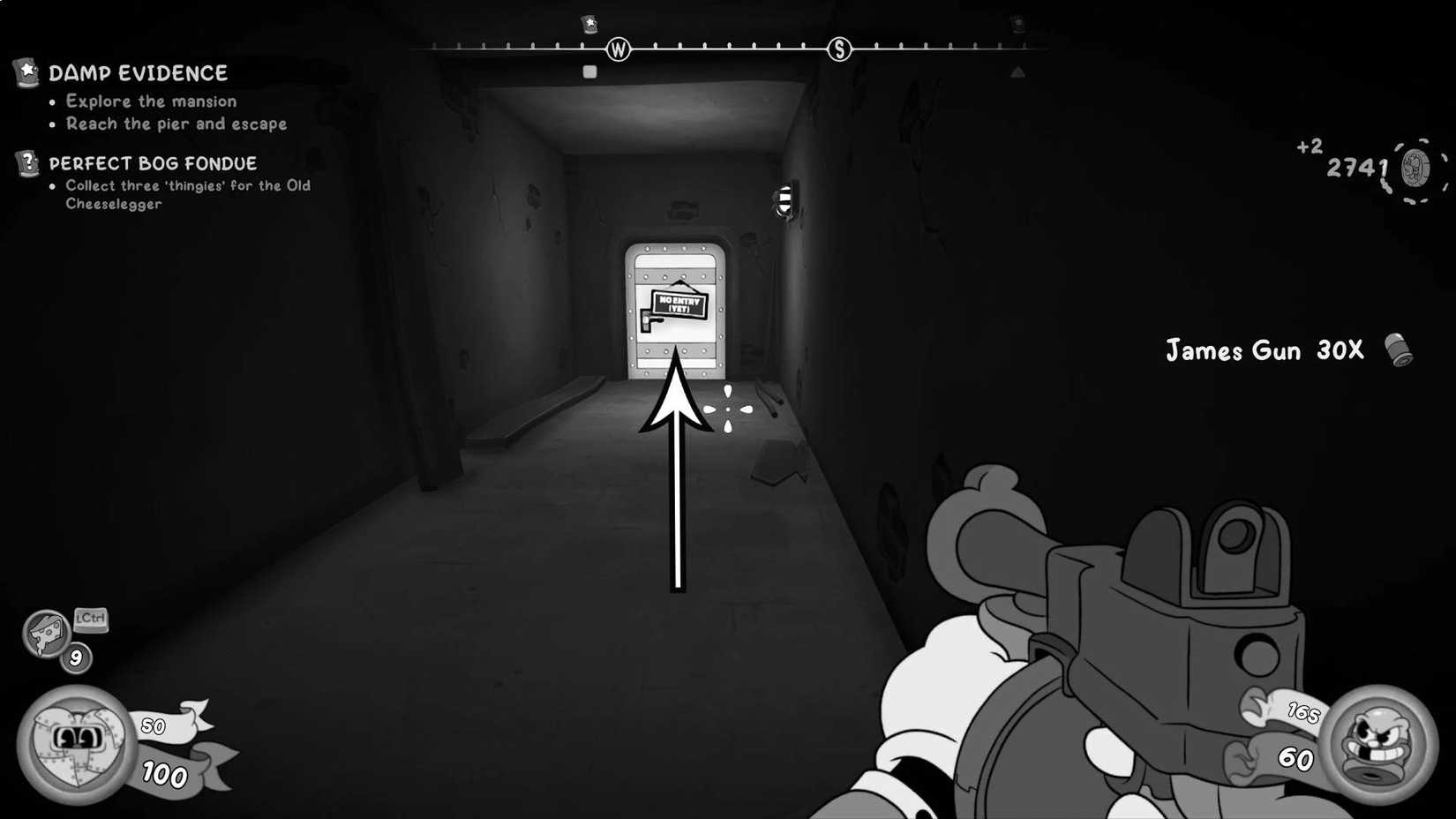 The player standing at the end of a corridor with an arrow showing the reader where to go in Mouse: P.I. For Hire.