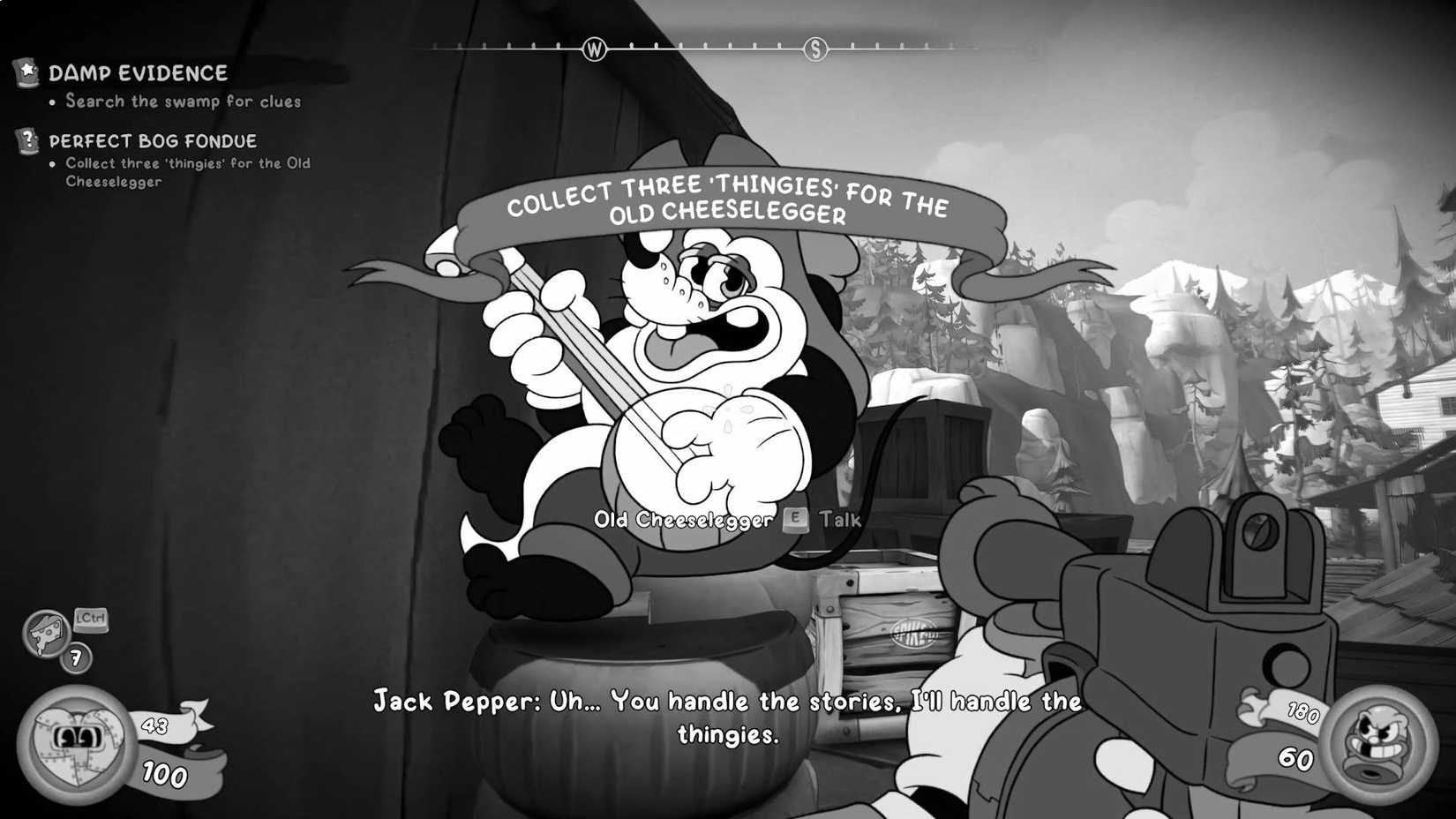 The player looking at Old Cheeselegger in Mouse: P.I. For Hire.