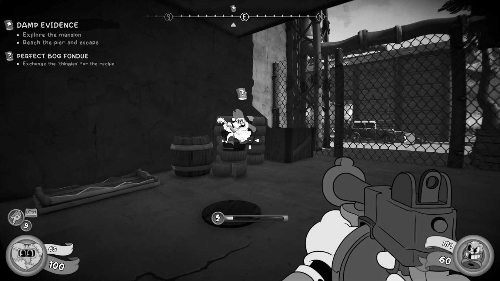 The player standing in front of Old Cheeselegger at the end of the "Perfect Bog Fondue" job in Mouse: P.I. For Hire.