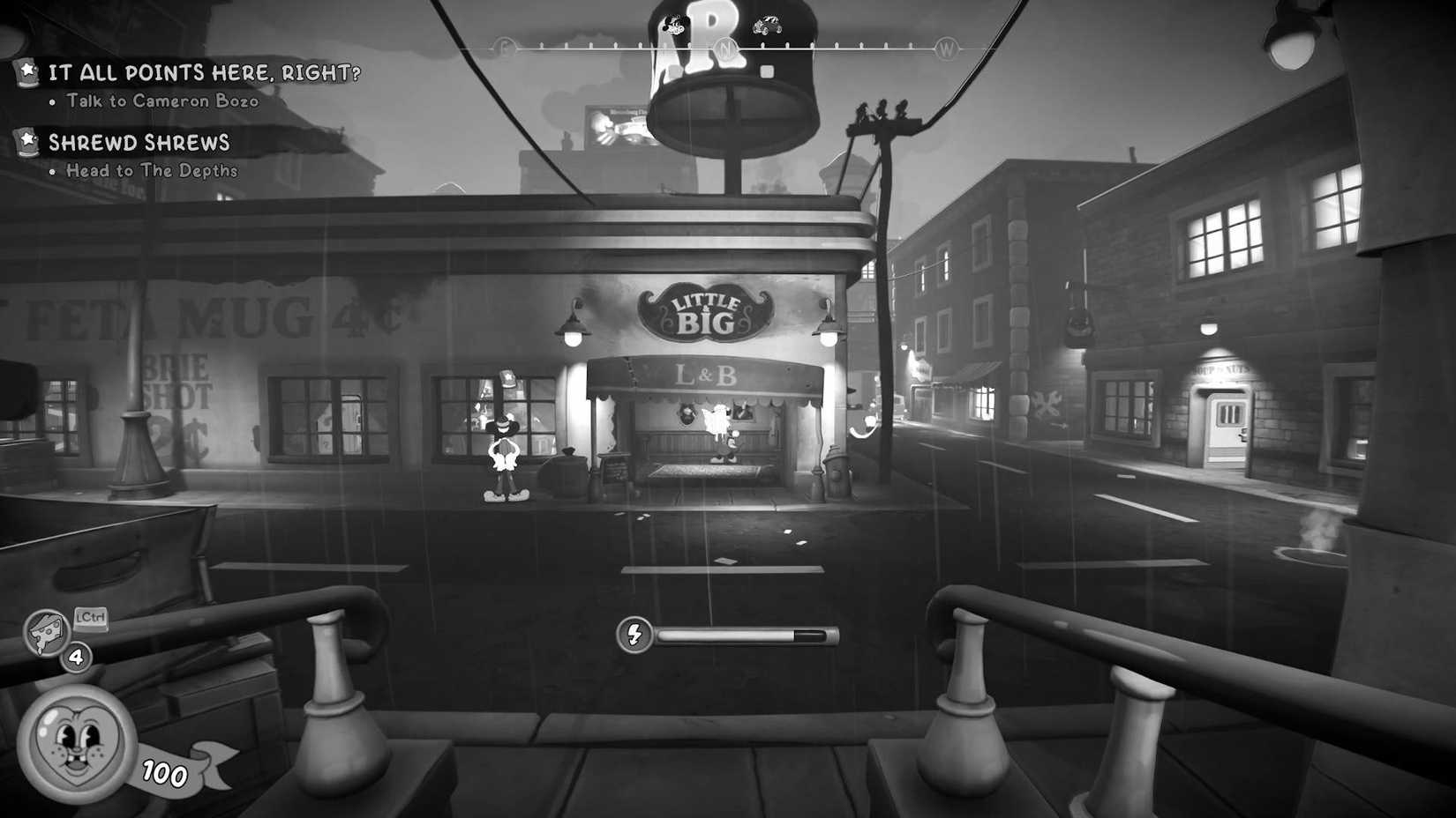 The player walking out of the PI office in Mouse: P.I. For Hire into Mouseburg, with the Little & Big pub in front.