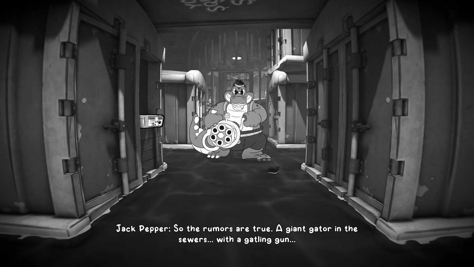 A gator with a minigun walking towards the player in Mouse: P.I. For Hire.