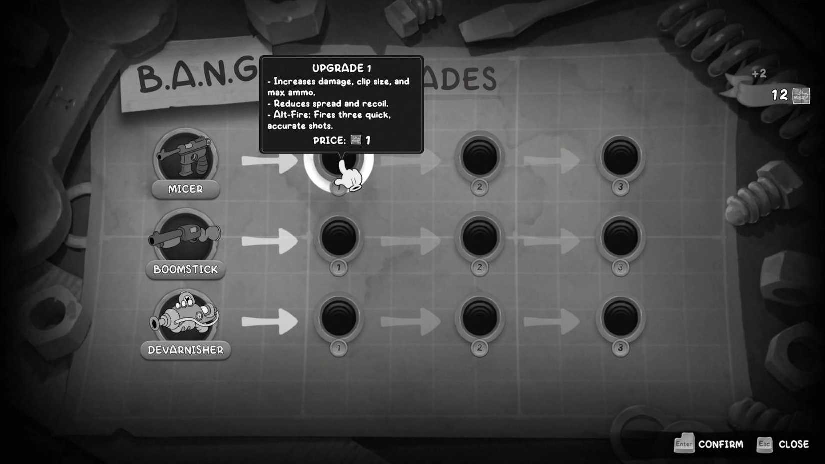 The weapon upgrades screen in Mouse: P.I. For Hire.