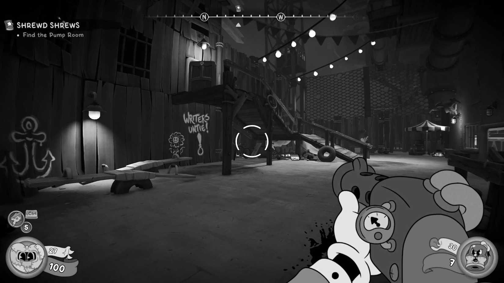 The player in Mouse: P.I. For Hire looking at an open area with the workers untie graffiti on the wall.